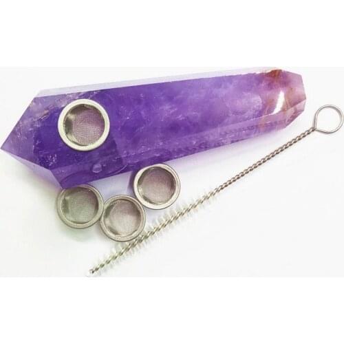 Violet purple Natural amethyst crystal smoke pipe with three metal mesh and 1 cleaning brush for tobacc healing