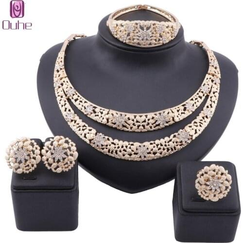 African Dubai Gold Color Bridal Jewelry Sets for Women Bangle Earrings Wedding Party Crystal Necklace Ring Jewelry Sets