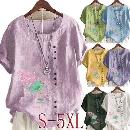 Summer Casual Flowers Print Loose T-shirts Vintage Cotton and Linen O-Neck Plus Size Short Sleeve Blouse Tops For Women S-5XL