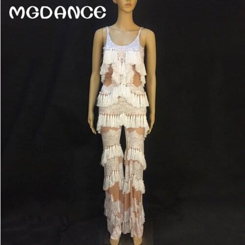 Hot Sale Women White Tassel Leggings Rompers Backless Jumpsuit Nightclub Dj Show Costume Female Evening Wear