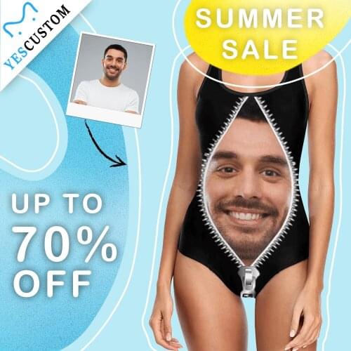 M YesCustom Custom Face Funny Zipper Photo Women Bikini Bra Set Beach Slip One Piece Sport Triangle Top Female Gift Swimwear