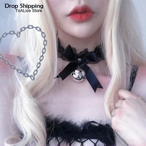 Cute Harajuku Girl Handmade Lace Up Bell Choker Bell Hanging Jingle Collar Kawaii Lolita Girls Bow Ribbon Chokers Necklaces