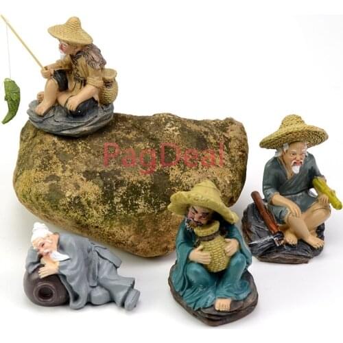 Mini Aquarium Fish Tank Old Fishing Man Figure Landscape Decoration Home Miniature Potting Garden Dollhouse Decor Ornament