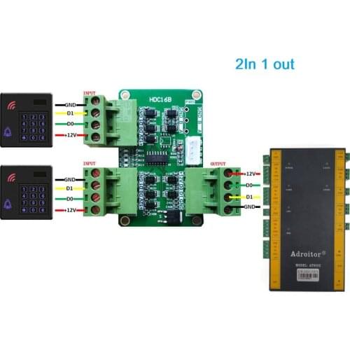 Multi-way Wiegand converter, WG-transfer 2In 1out or 1In 2out Automatic recognize WG26~WG80 format use to access control system