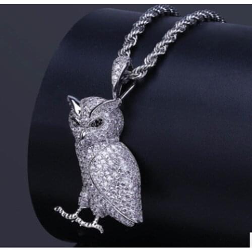 Fashion Owl Necklace Brass Golden Ice Out Micro Pillow Cubic Zircon 24 Inch Rope Charm Chain Men Holiday Gift Birthday Gift