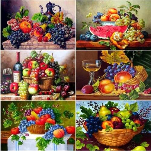 CHENISTORY Full Diamond Embroidery Fruit Grape Crystals Full Diamond Mosaic Red Wine Cross Stitch Needlework Room Decor 40x50cm