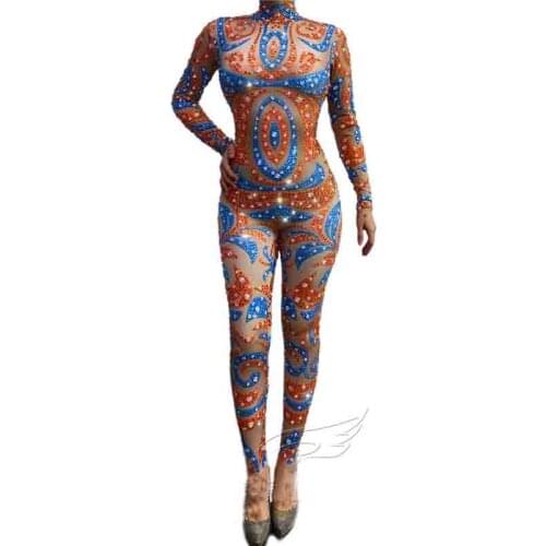 Nightclub Singer DJ DS Costumes Rhinestone Jumpsuit Fake Flesh Stretch Long One-Piece Adult Stage Costume Festival Wear DN8149
