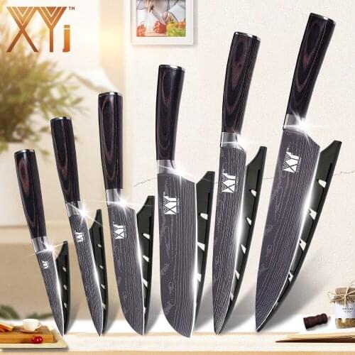 1-9pcs Kitchen knife Chef Knives Japanese 7cr17Mov High Carbon Stainless Steel Imitation Damascus Sanding Laser Knife