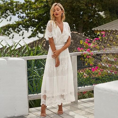 Hollow Out White Dress Sexy Women Long Lace Dress Cross Semi-Sheer Plunge V-Neck Short Sleeve Lace Maxi Dress