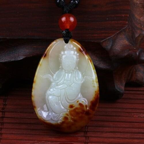 Natural Hetian Jade Seed Material Hand Carved Guanyin Pendant Fashion Jewelry Mens Jujube Skin Red Necklace
