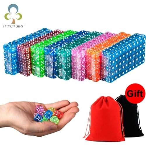 50/100pcs Transparent Poker Chips dice 14mm Six Sided Spot Board game Dice D&D RPG Games Party Dice Gambling Dice with Bag GYH
