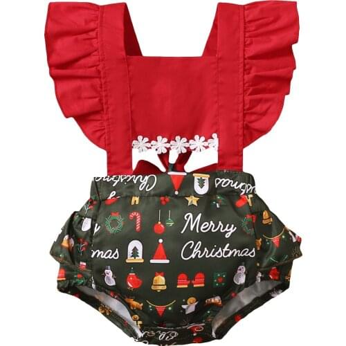 2021 Baby Girls Christmas Romper, Cartoon Printed Splicing Frilly Square Neck Backless Tied Jumpsuit for Toddlers, 0-12 Months