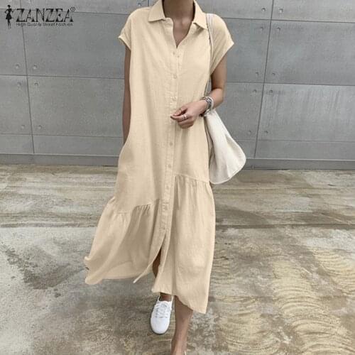 Solid Irregular Maxi Sundress ZANZEA Summer Women Lapel Short Sleeve Dress Retro Long Shirt Vestido Cotton Linen Robe