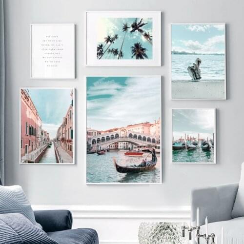 Sea city ship Beach Coconut tree Quotes Nordic Posters And Prints Wall Art Canvas Painting Wall Pictures For Living Room Decor