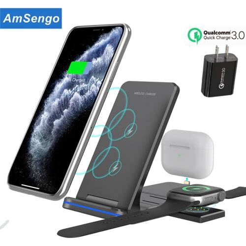 Amsengo Foldable Wireless Charger 3 in 1 Qi 15W Fast Charging Dock Station ForiPhone 12 Mini Apple Watch SE 6 5 4 3 AirPods Pro