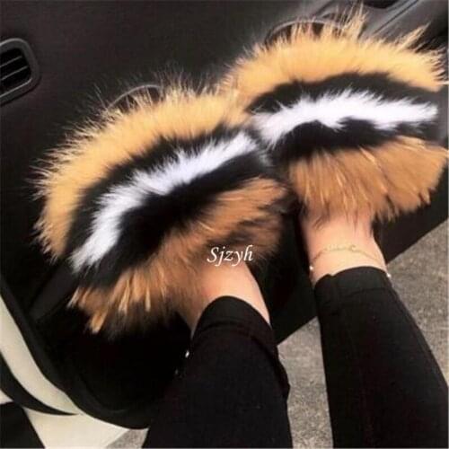 Wholesale Girls Fox Fur Slides Womens Summer Fluffy Slippers Ladies Luxury Furry Flip Flops Female Plush Sandals Designer Shoe