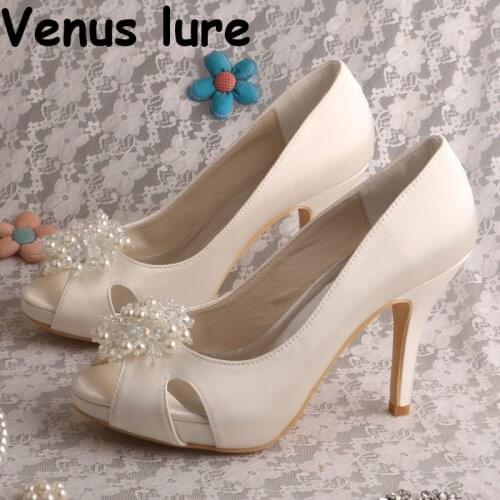 White Ivory Wedding Bridal Shoe Clips Pearl Platform High Heel Shoes Open Toe