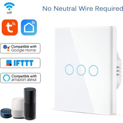 Smart Home Control Wifi Wall Touch Switch EU No Neutral Wire Required Light Switch 1/2/3 Gang Tuya Smartlife Alexa Google Home