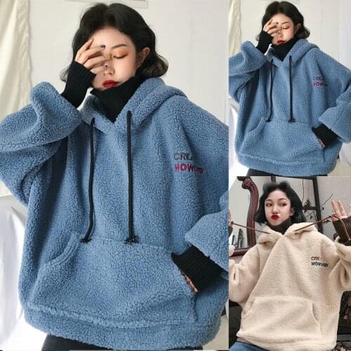 Women Autumn Faux Fleece Plush Letters Embroidered Large Size Fake Two Piece Hoodie Sweatshirt Pullover
