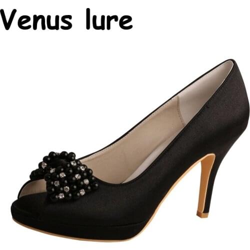 Venus lure Black Color Satin Platform Shoes for Women Party Platform Heel Peep Toe