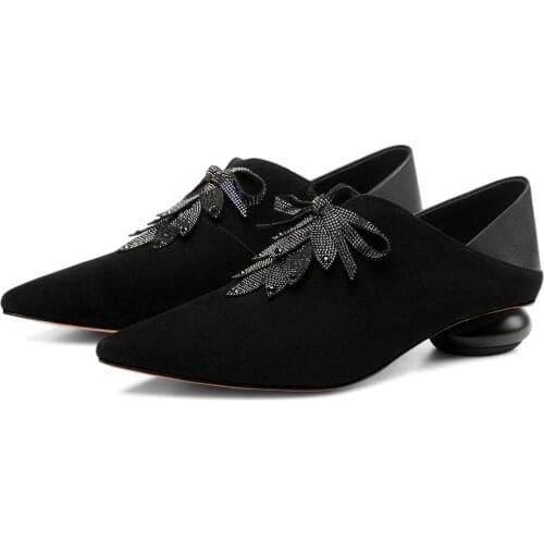 US Size 4-US Size 9 Women Black Genuine Leather Cuban Low Heels Ankle Boots Female Shallow Pointed Toe Pumps Shoes Casual Shoes