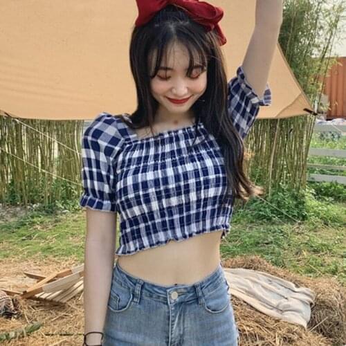 Women Shirts Short Tops Plaid Printed Ruffles Square Collar Retro Stylish Pleated Casual Blouse