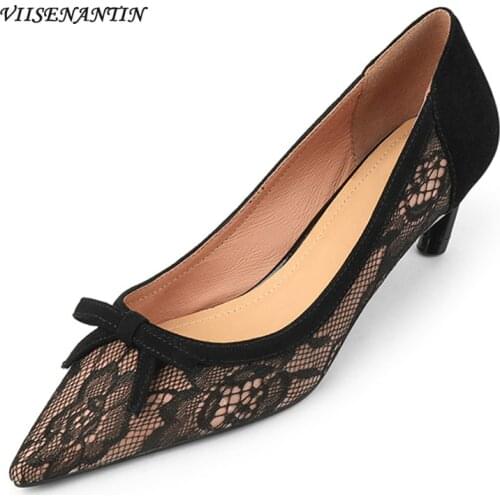 Sheepskin Lace Stitching Black High Heels Womens 2021 New Stiletto French Retro Pointed Bow Mid-heel Elegant Single Shoes