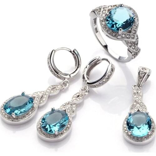 SHUNXUNZE Charm jewelry sets for womens clothing accessories (ring/earring/pendant) Blue Cubic Zirconia Rhodium Plated R3161set