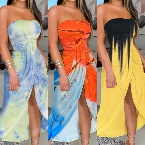 Womens Summer Printed Strapless Long Dress Beach Split Dress Party Club Dress 2021 Hot Sexy Evening Dresses 11 styles S-2xl