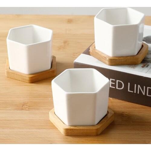 1PCS Hexagon Flowerpots White Ceramic Succulent Plant Pot with Bamboo Tray Stand Small Bonsai Pots Green Planters Home Decor