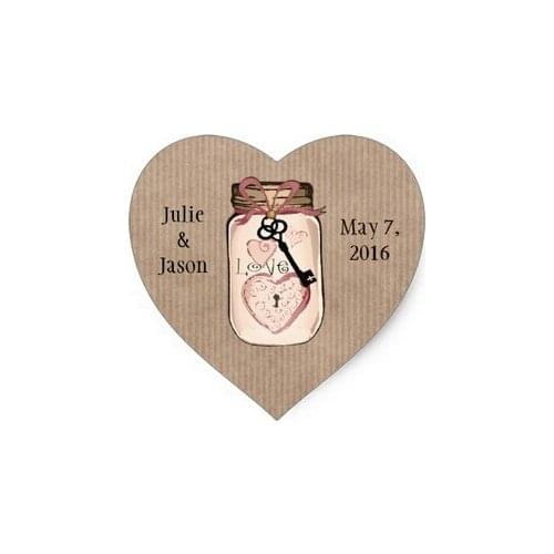 3.8cm Custom Rustic Wedding Mason Jar Heart Stickers