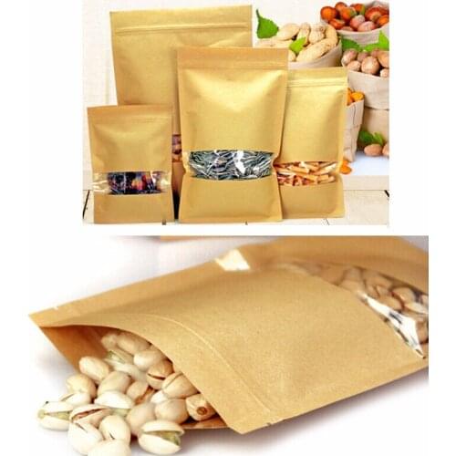 50pcs Brown Kraft paper Zip Lock Bags with Window Coffee Food Zipper Pouch Top Food Grade Storage Bag