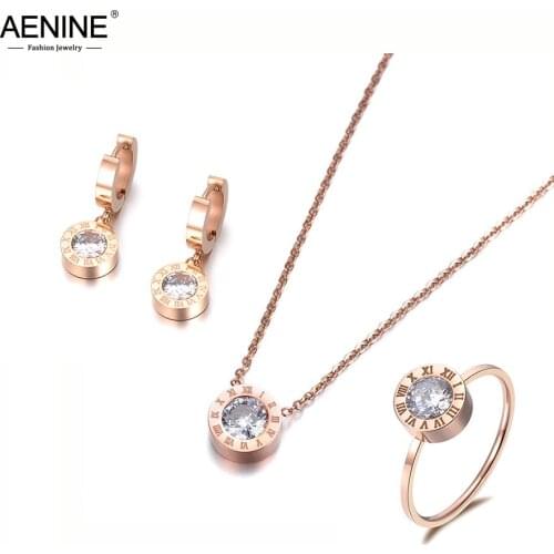 AENINE Classic Round 2Ct Cubic Zirconia Pendant Necklace Earrings Ring Jewelry Sets Titanium Steel For Valentines Day ASE007R