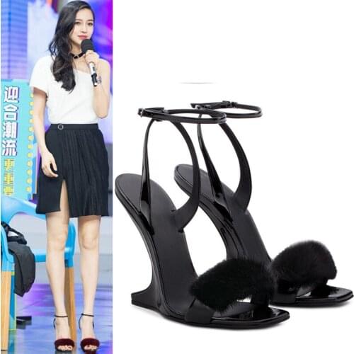 Summer new special-shaped heel high-heeled word belt wild sexy fashion furry sandals party dress patent leather womens shoes