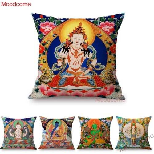 Traditional Buddhism Culture Art Tibet Tangka Colorful Buddha Painting Home Decor Sofa Pillow Case Oriental Art Cushion Cover