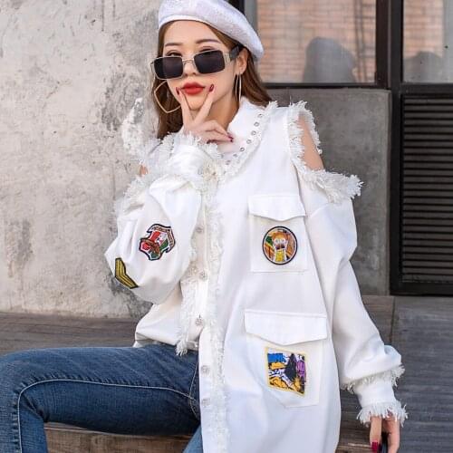 European Station 2021 Spring New Strapless Embroidered Shirt Womens Jacket Mid-Length Loose Large Size Cardigan Top Female Coat