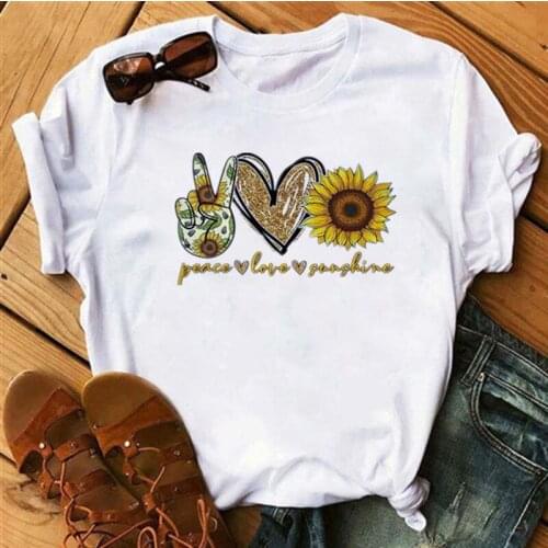Sunflower Print T shirt Women Vogue Harajuku Peace Love Sunshine Tops Tshirt Girl Casual Tee Female T-Shirts Woman Clothing