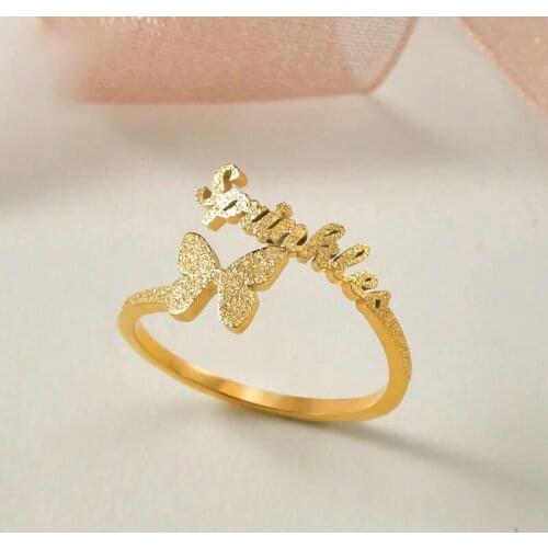 925 Solid Silver Bling Frosted Butterfly Name Ring Personalized Custom Initial Nameplate Gold Jewelry for Women Adjustable Rings