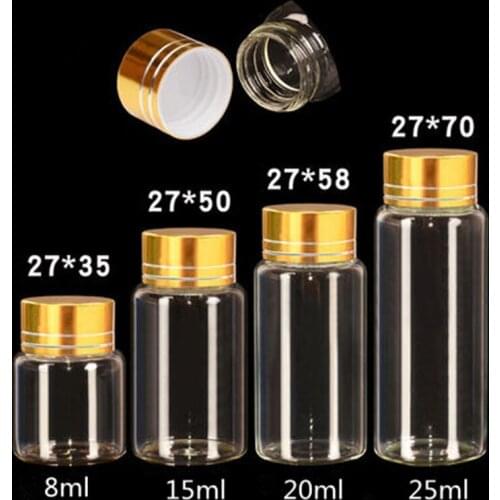 Wishing Bottle 27mm Diameter Refillable Bottle Silver Gold Aluminum Cap Glass Sealed Vial 8ml 15ml 20ml 25ml Drift Bottle 50Pcs