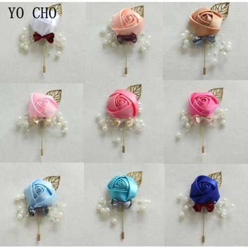 YO CHO Luxury Boutonniere for Men Handmade Groomsmen Corsage Fashion Silk Rose Flower Wedding Supplies Festival Prom Party Decor