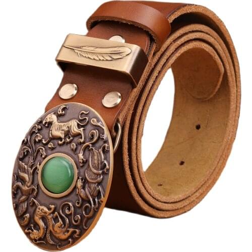 2020 dragon tiger Phoenix lion solid brass buckle leaf gemstone gold genuine leather full grain mens belt luxury cowboy strap