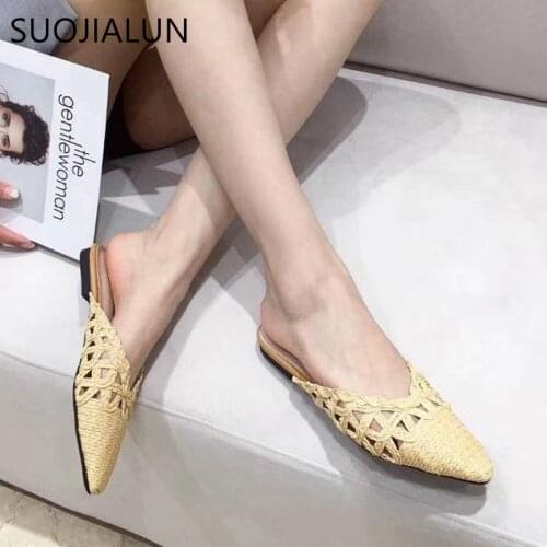SUOJIALUN New Women Slippers Pointed Toe Slip On Mules Summer Hemp Casual Lady Sandal Flat Heel Outdoor Flip Flop Mules Shoes