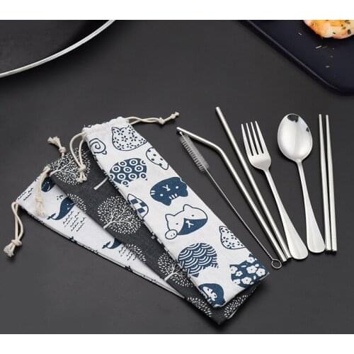 Stainless Steel Tableware Portable Set Student Outdoor Travel Gift Custom Straw Chopsticks Fork Spoon Cloth Bag Combination Set