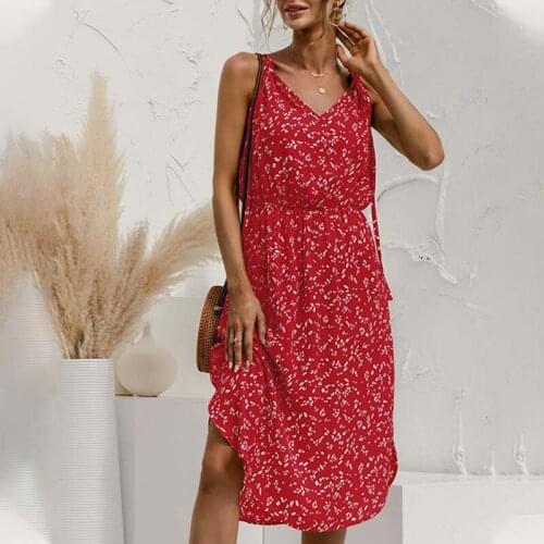 Women Sexy V-neck Floral Print Party Midi Dress 2021 Summer Ladies Slim Pullover Slit Sleeveless Halter Sundress Vestidos Female