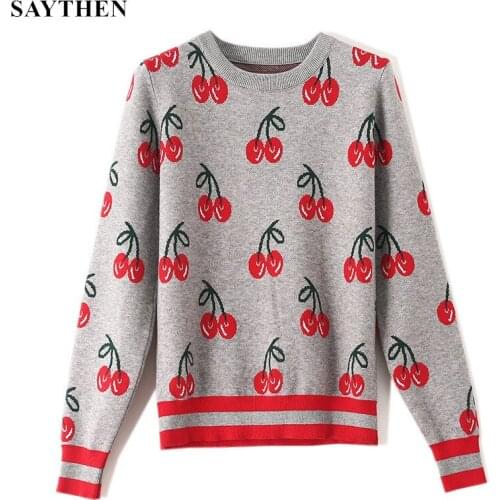 SAYTHEN New Fashion Women Autumn And Winter Cute Cherry Jacquard Sweater Pullovers Ladies Chic Long Sleeve Jumper Knitting Top
