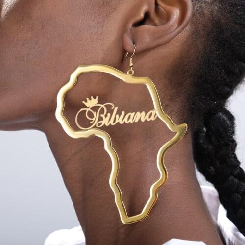 Custom Name African Map Stud Earing Stainless Steel Jewelry Personalized Big Crown Cricle Hoop Earrings Weddings Party Gift