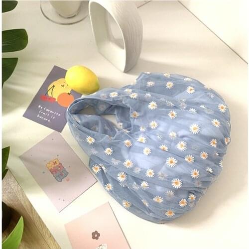 2020 Summer Women Small Transparent Tote Mesh Cloth Bag Daisy Embroidery Handbag High Quality Eco Fruit Bag Purse For Girls