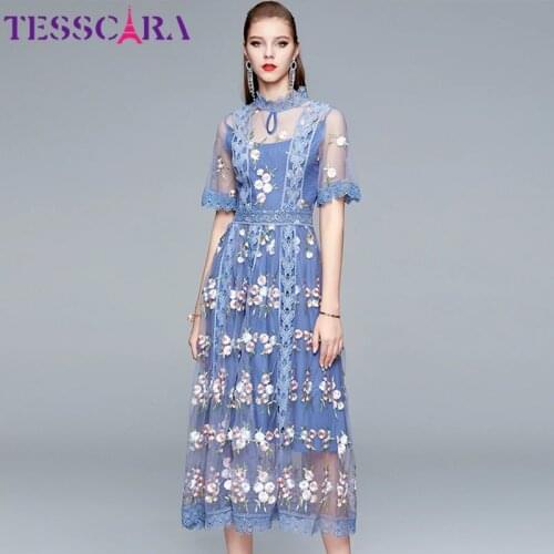TESSCARA Women Luxury Embroidery Mesh Dress Festa High Quality Elegant Blue Wedding Party Robe Femme Vintage Designer Vestidos