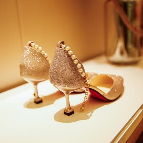 Red Bottom Fashion Women High Heels Pumps String Bead Pointed Toe Female Pumps Satin 6cm Heels Pumps