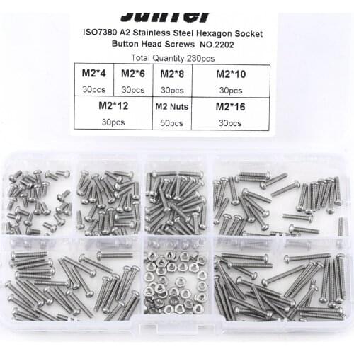 230pcs M2 Hex Socket Button Head Screws Bolts And Nuts Assortment Kit Stainless Steel SS304 Assrotment Set Fastener Hardware